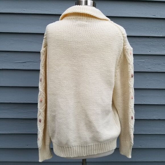 Vintage 70s Pastel Dots Cream Acrylic Fisherman Button Down Cardigan Sweater Lg - Picture 4 of 9